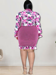 Long Sleeve Floral Print Patchwork Mini Dress