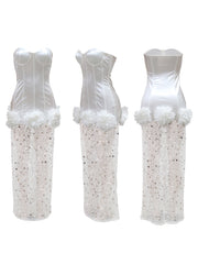 Strapless Glitter Mesh Flowers Mini Dress