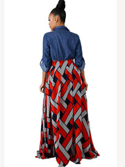 Denim Long Sleeve Plaid Patchwork Maxi Dress