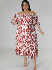 Short Sleeve Off Shoulder Floral Midi Dress