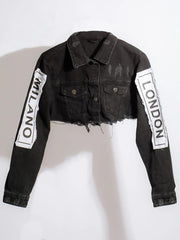 Denim Long Sleeve Letter Print Short Jacket