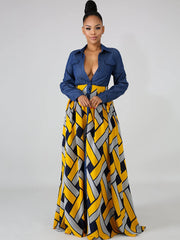 Denim Long Sleeve Plaid Patchwork Maxi Dress