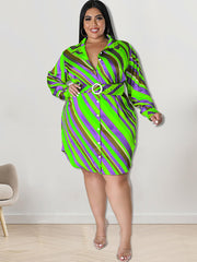 Long Sleeve Striped Mini Dress With Belt