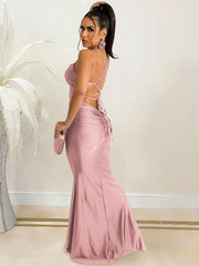 Spaghetti Strap Ruched Lace Up Maxi Dress