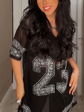 Number Graphic Rhinestone Mesh T-Shirt Dress