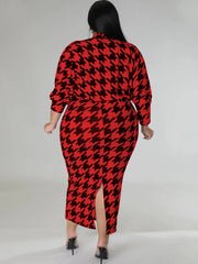 Two Piece Houndstooth Cardigan & Cut Out Midi Dress