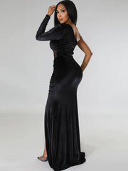 One Shoulder Mesh Patchwork Maxi Dress