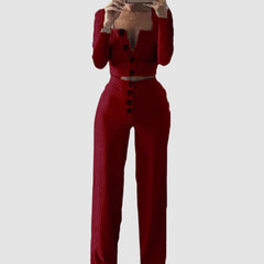 Buttoned Square Collar Top Wide Leg Pant Set