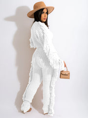 Two Piece Knitted Long Sleeve Tassel Outfits