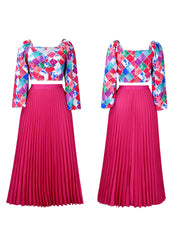 V-Neck Printed Top & Pleated Skirt Two-Piece Set