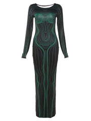 Long Sleeve Striped Bodycon Maxi Dress