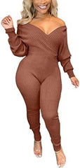 V Neck Long Sleeve Ribbed Jumpsuit