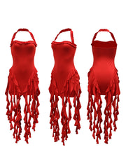 Ruffle Fringe Halter Mini Dress