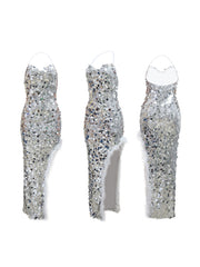 Sequin Halter Backless Feather Trim Dress