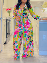 Printed Two-Piece Set with Collar Tie Shirt & Wide-Leg Pants