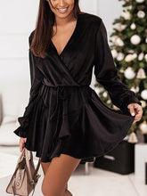 Velvet Long Sleeves Belted Ruffle Mini Dress