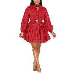 Puffy Long Sleeve Button Down Shirt Dress