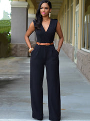 Sleevelesss V Neck Solid Wide Leg Jumpsuit