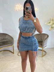 Denim Sleeveless Crop Top Mini Skirts