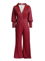 Long Sleeve Houndstooth Wide Leg Jumpsuit