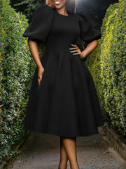 Puff Sleeve Solid Ruched Bodycon Midi Dress