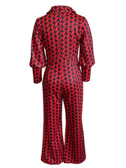 Long Sleeve Houndstooth Wide Leg Jumpsuit