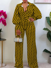 Long Sleeve Houndstooth Wide Leg Jumpsuit