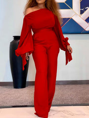 Long Sleeves One Shoulder Tie Up Jumpsuit
