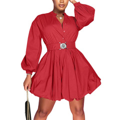 Puffy Long Sleeve Button Down Shirt Dress
