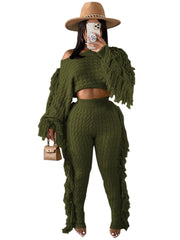Two Piece Knitted Long Sleeve Tassel Outfits