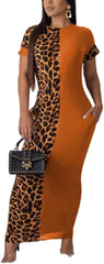 Leopard Patchwork Short Sleeve Bodycon Midi Dress