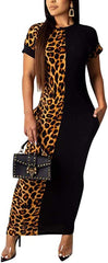 Leopard Patchwork Short Sleeve Bodycon Midi Dress