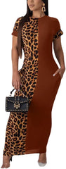 Leopard Patchwork Short Sleeve Bodycon Midi Dress