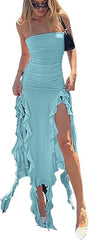 Ruffle Strapless Tassel Split Dress