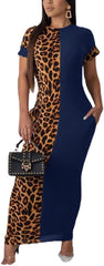 Leopard Patchwork Short Sleeve Bodycon Midi Dress