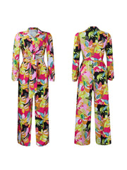 Printed Two-Piece Set with Collar Tie Shirt & Wide-Leg Pants