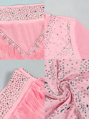 Mesh Long Sleeve Rhinestone Top Tassel Skirts