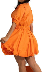 V Neck Button Down Split Puff Sleeve  Dress