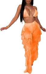 Two Piece Cropped Top Ruffled Trousers