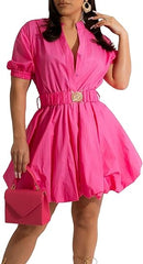 V Neck Button Down Split Puff Sleeve  Dress