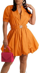 V Neck Button Down Split Puff Sleeve  Dress