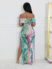 Off Shoulder Print Sleeveless Side Slits Maxi Dress