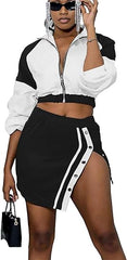 Two Piece Long Sleeve Zip Jacket split Skirts