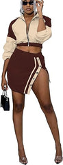 Two Piece Long Sleeve Zip Jacket split Skirts