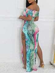 Off Shoulder Print Sleeveless Side Slits Maxi Dress