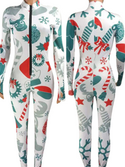 Christmas Print Zip-up Long Sleeve Jumpsuit
