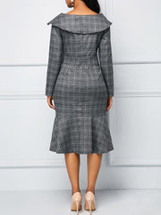 Long Sleeve Plaid Print Midi Dress