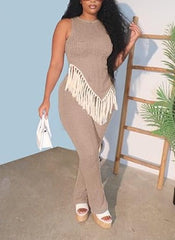 Two Piece Sleeveless Fringed Top Skinny Long Pants