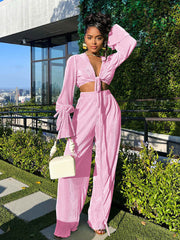 Two Piece Bell Sleeve Shirt Wide Leg Pants