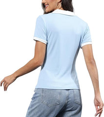 Short Sleeve V Neck Collared Colorblock Top